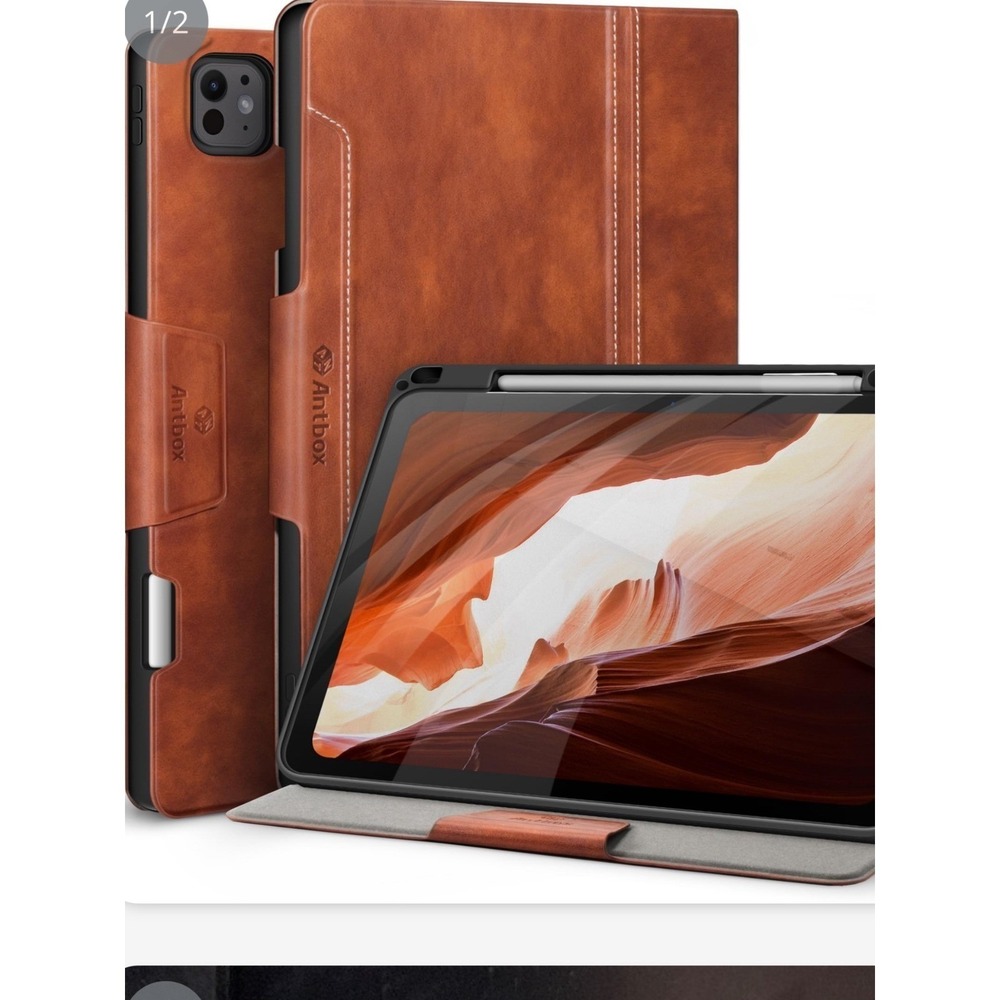Antbox iPad Pro 13 m4 Case Brown Leather Folio Cover Pencil Holder 6th 5th Gen